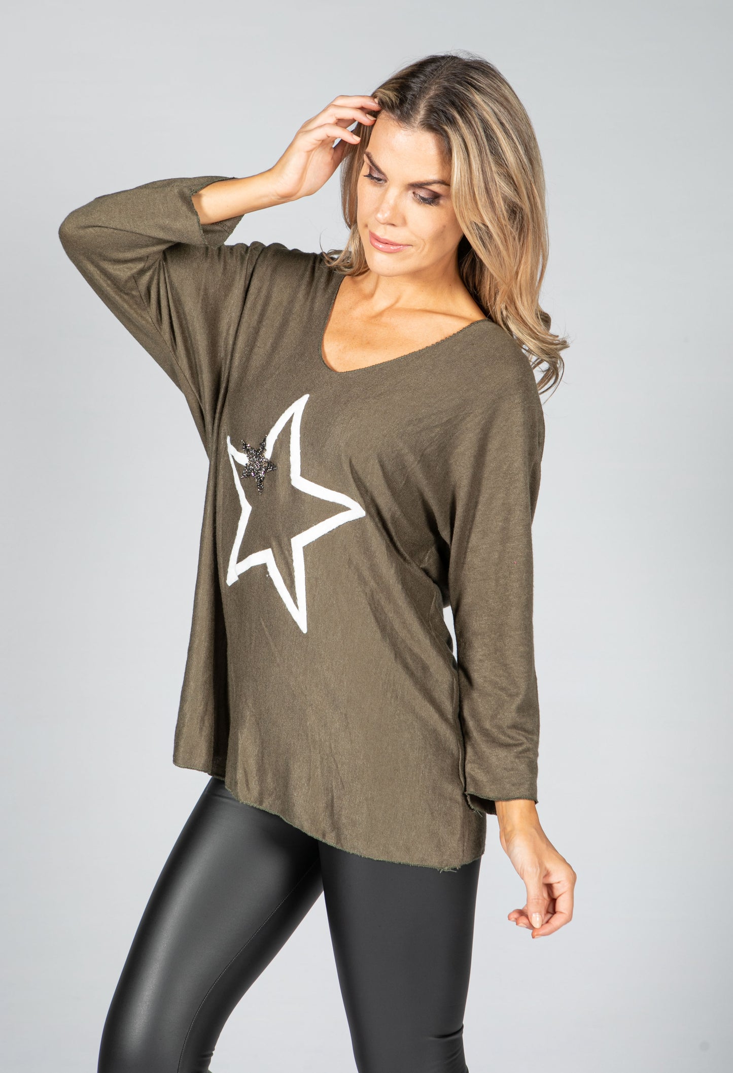 Fine Knit Star Design Top in Khaki