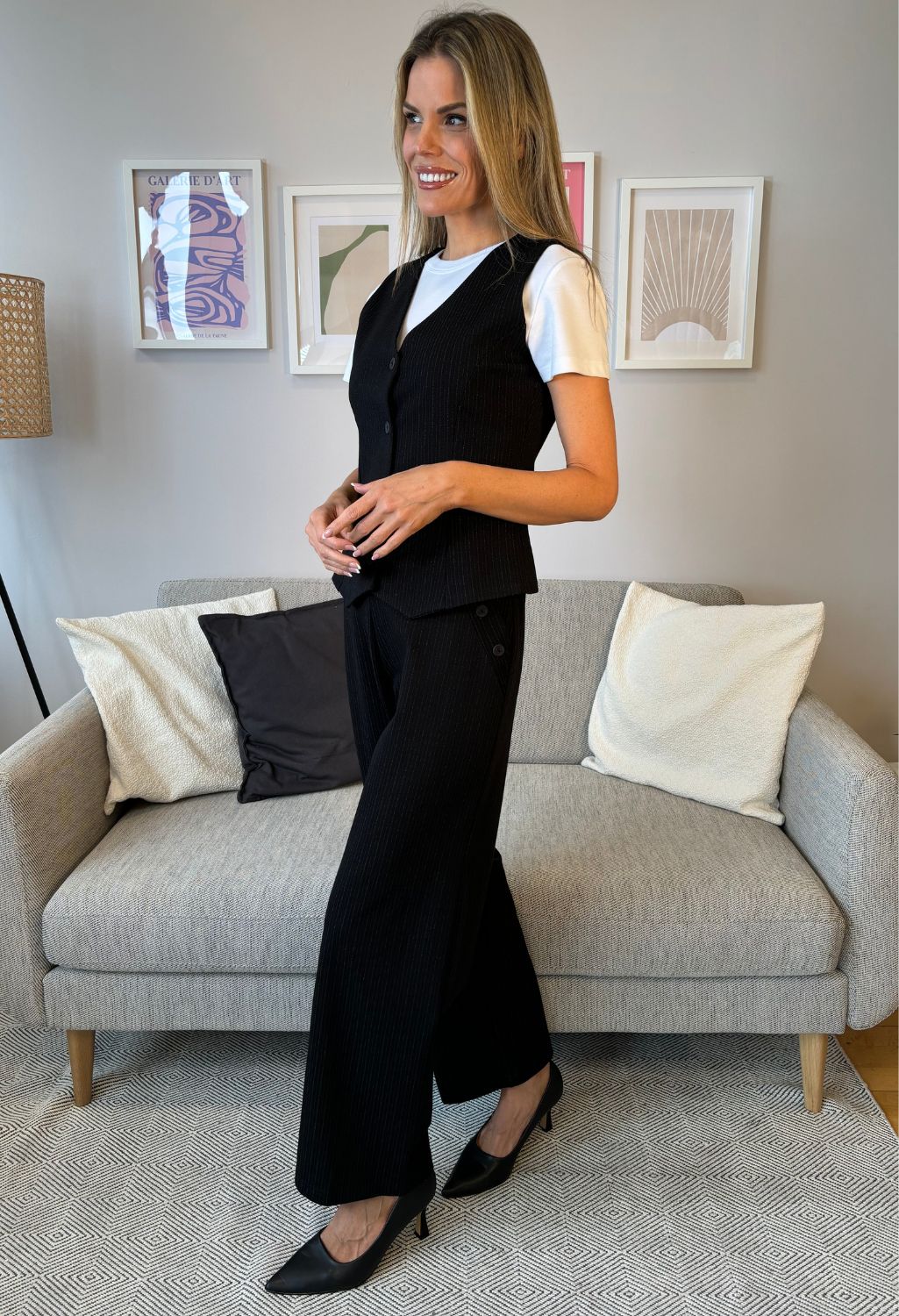 Pinstripe Buttoned Wide Leg Trousers