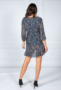 Navy Paisley Print Ruffle Dress