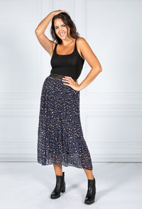 Navy Pleated Leopard Print Skirt