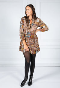 PAMELA SCOTT VINTAGE PRINT SHIRT DRESS IN BROWN