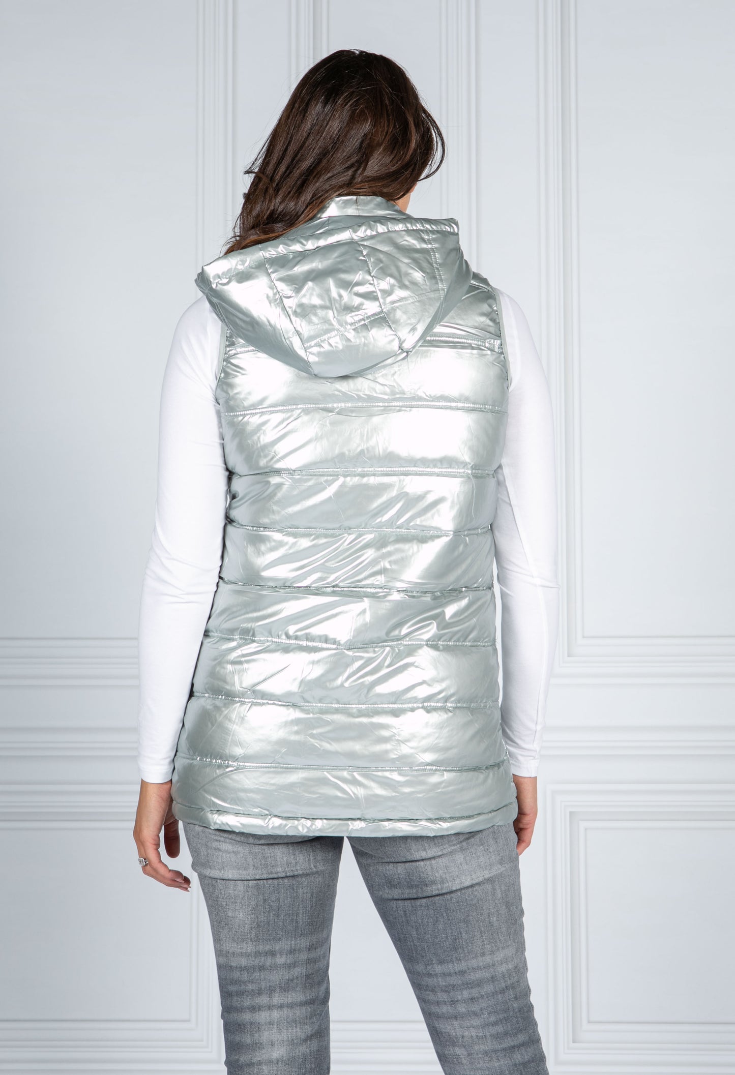 Pearlescent Padded Gilet in Silver Blue