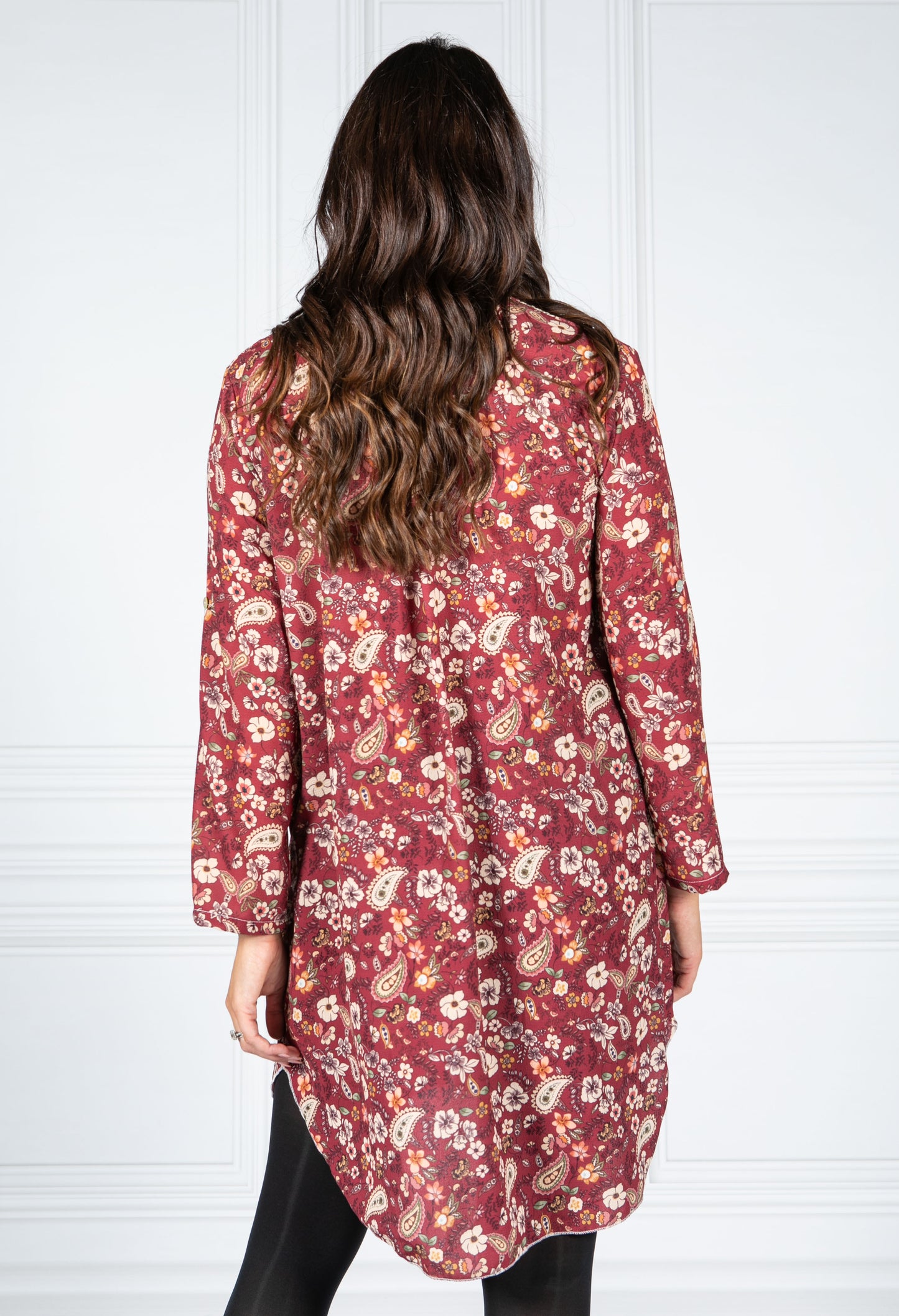 PAMELA SCOTT PAISLEY PRINT SHIRT DRESS IN WINE