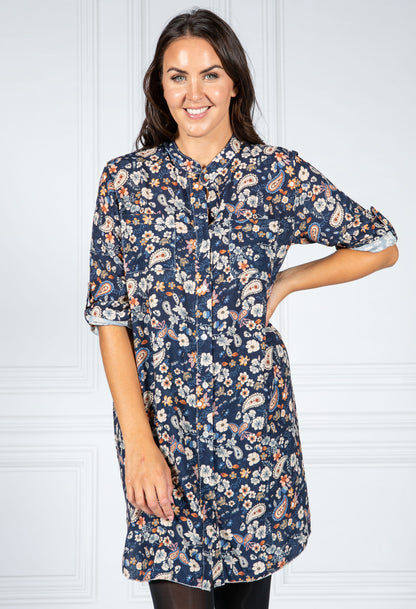 PAMELA SCOTT PAISLEY PRINT SHIRT DRESS IN NAVY