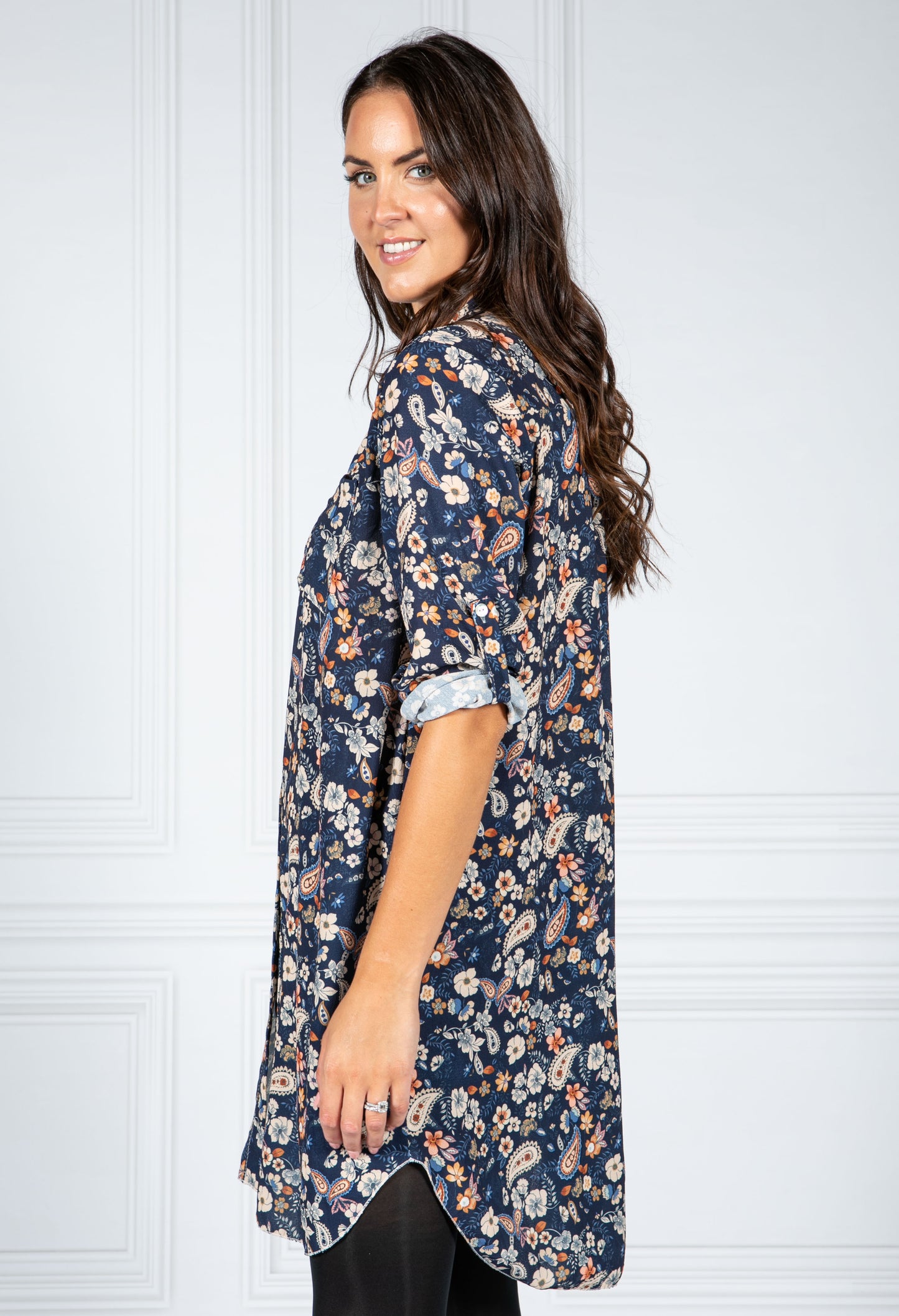 PAMELA SCOTT PAISLEY PRINT SHIRT DRESS IN NAVY