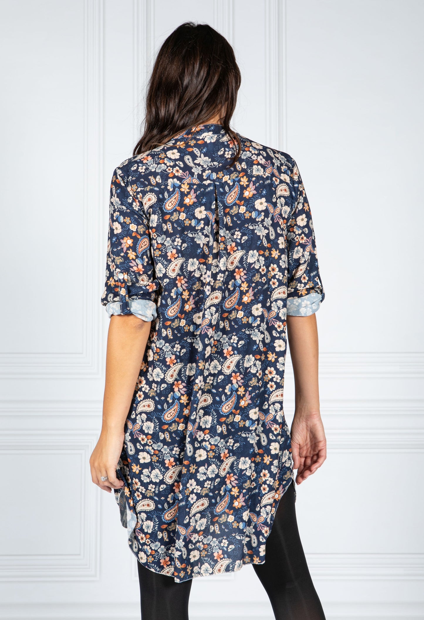 PAMELA SCOTT PAISLEY PRINT SHIRT DRESS IN NAVY