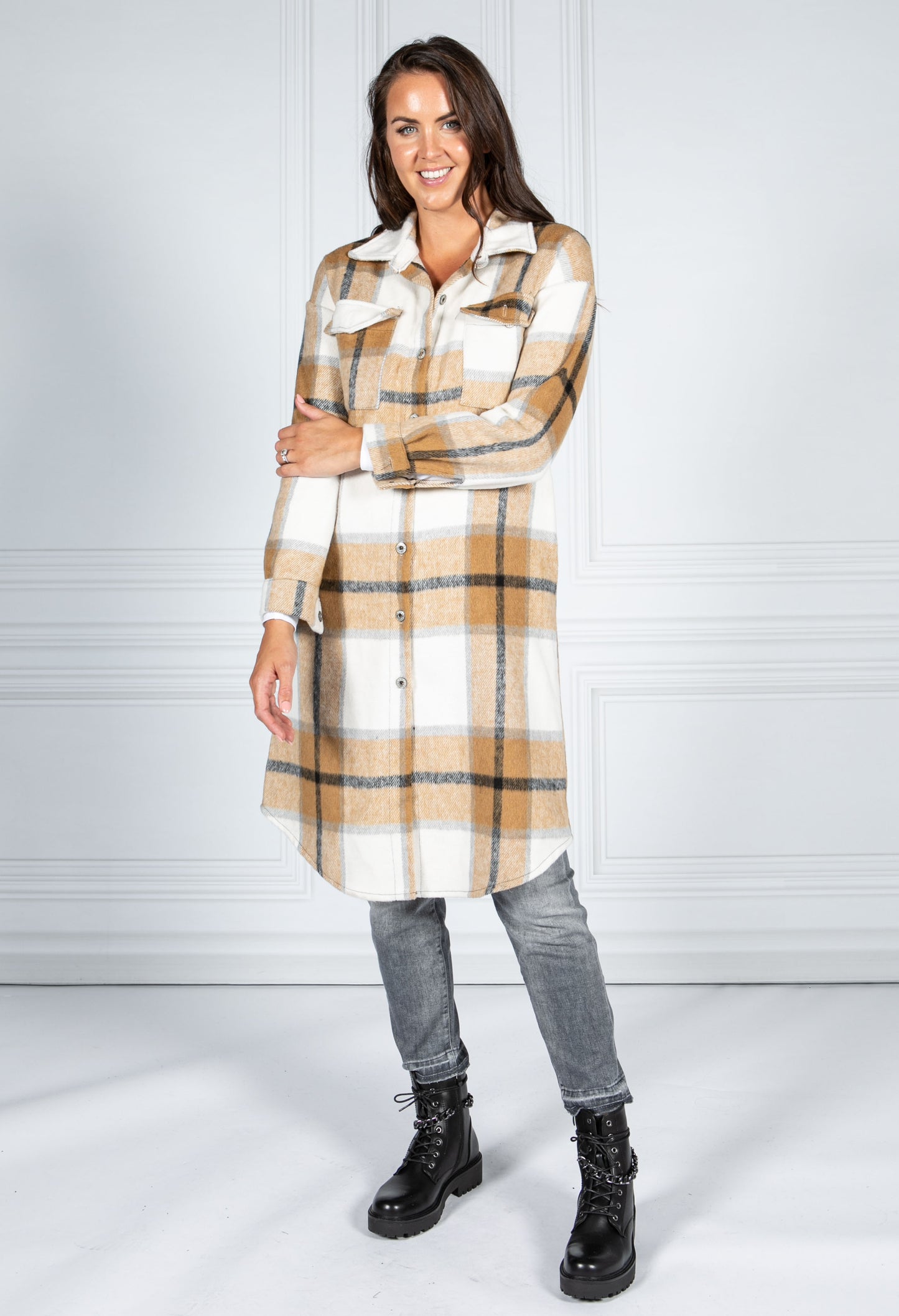 Golden Brown Checked Midi Coat