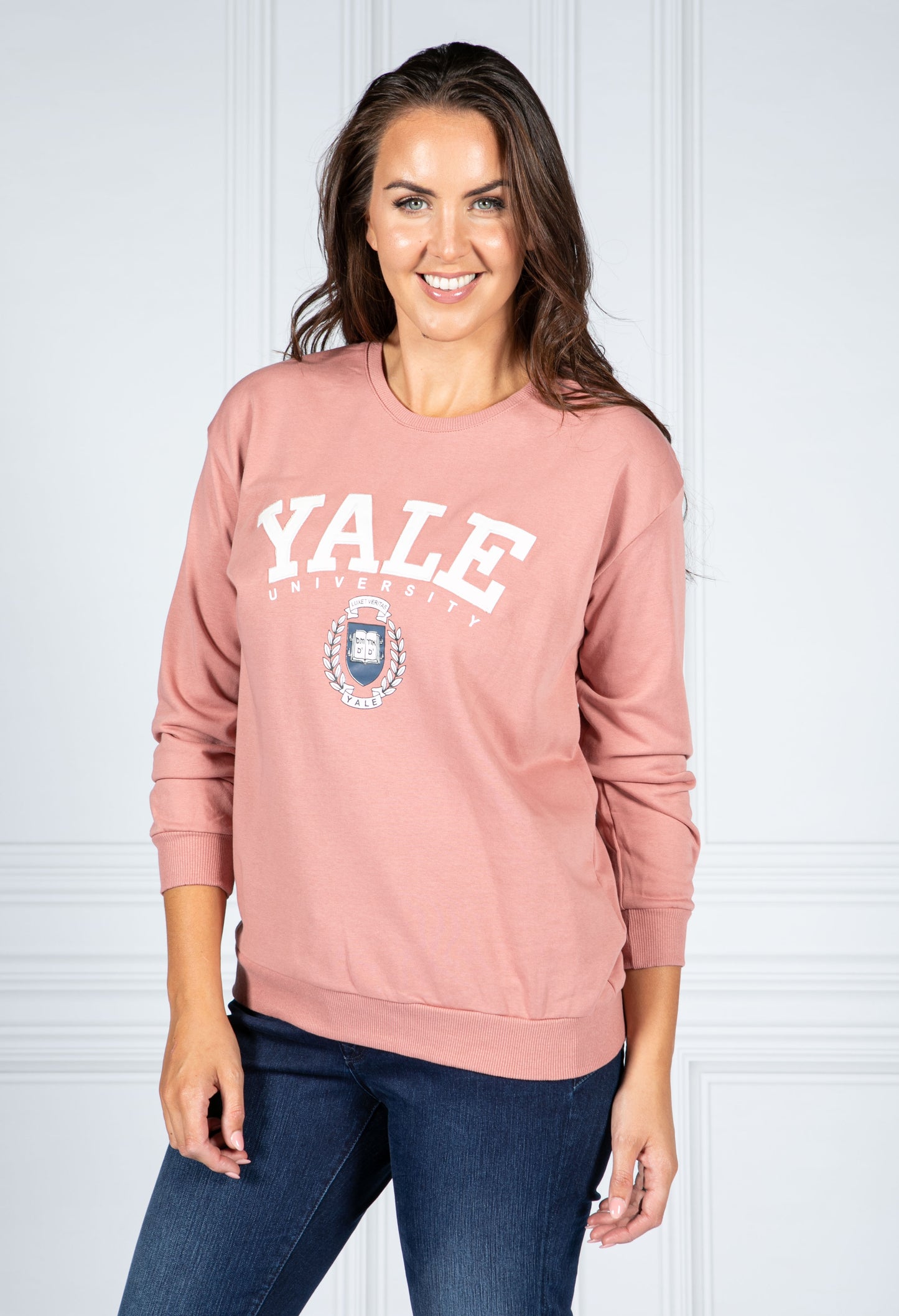 PAMELA SCOTT VARSITY CREW NECK JUMPER IN BLUSH