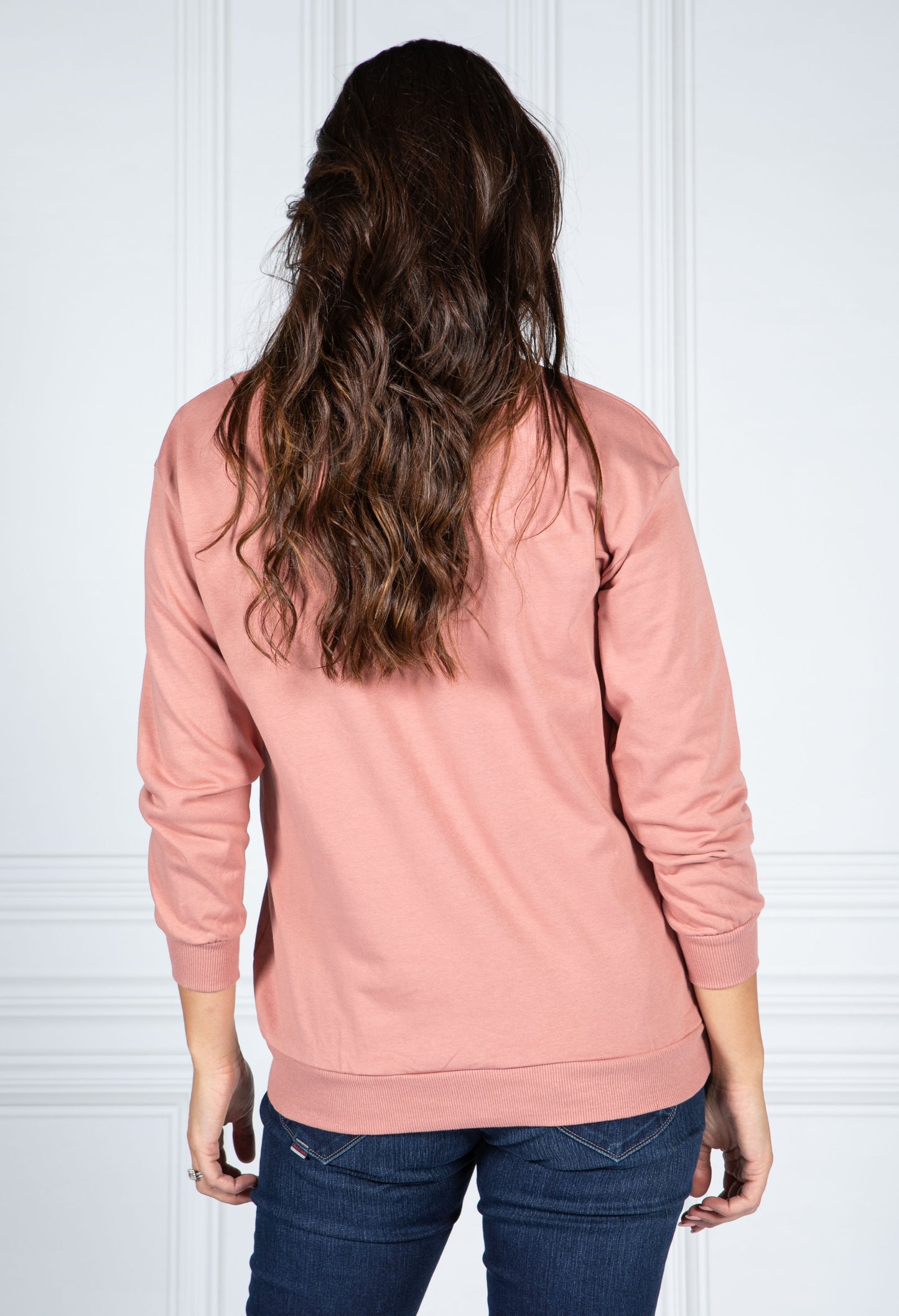 PAMELA SCOTT VARSITY CREW NECK JUMPER IN BLUSH