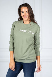 NEW YORK VARSITY CREW NECK JUMPER IN MOSS GREEN