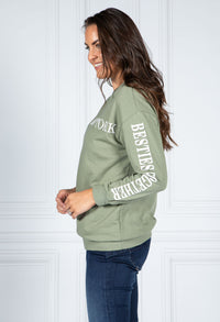 NEW YORK VARSITY CREW NECK JUMPER IN MOSS GREEN