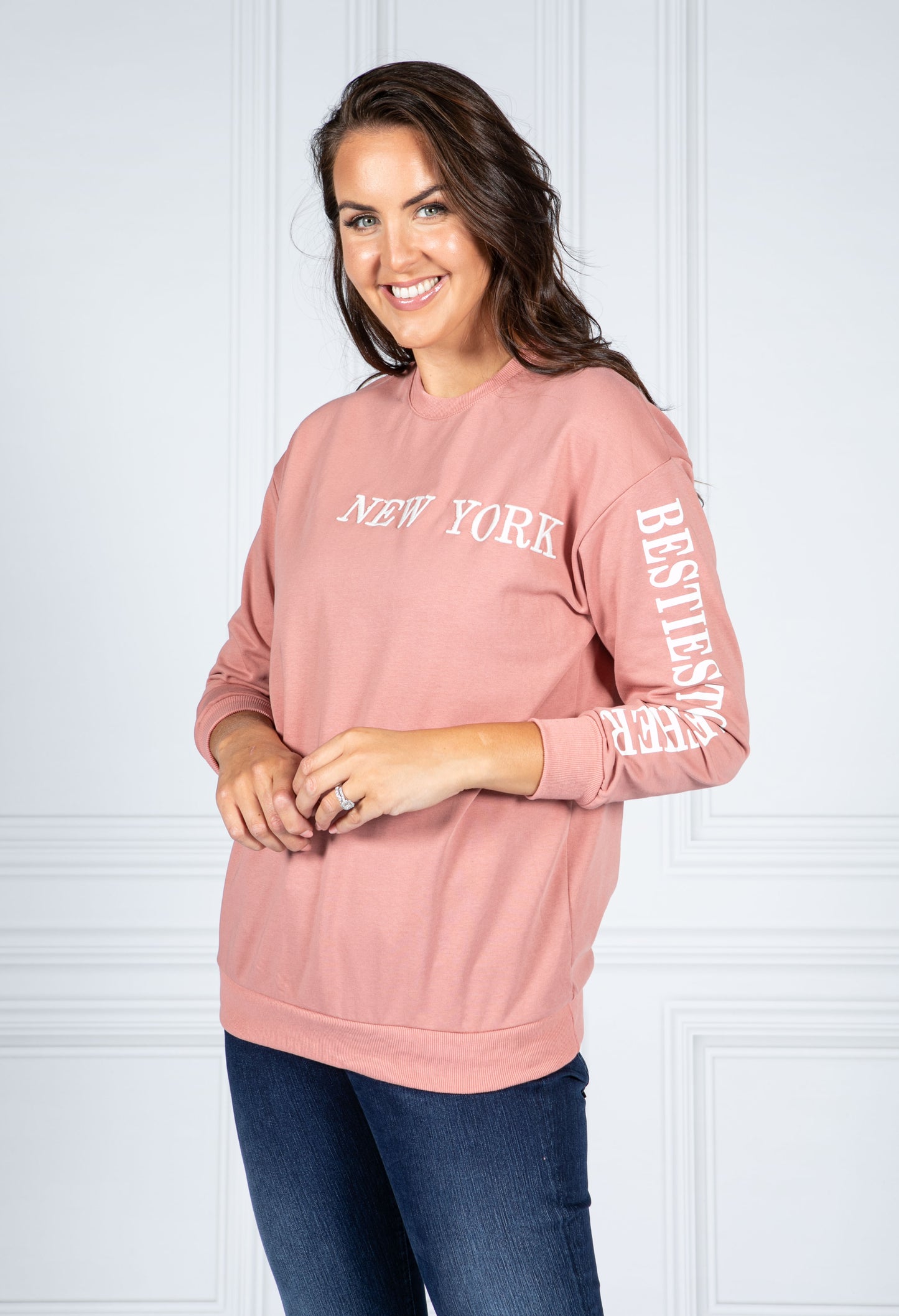 NEW YORK VARSITY CREW NECK JUMPER IN BLUSH