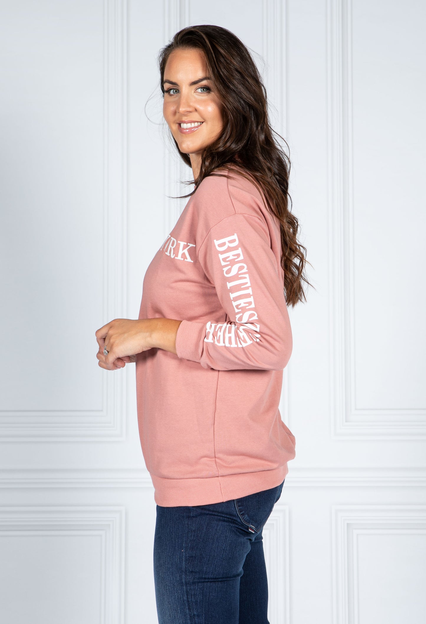 NEW YORK VARSITY CREW NECK JUMPER IN BLUSH