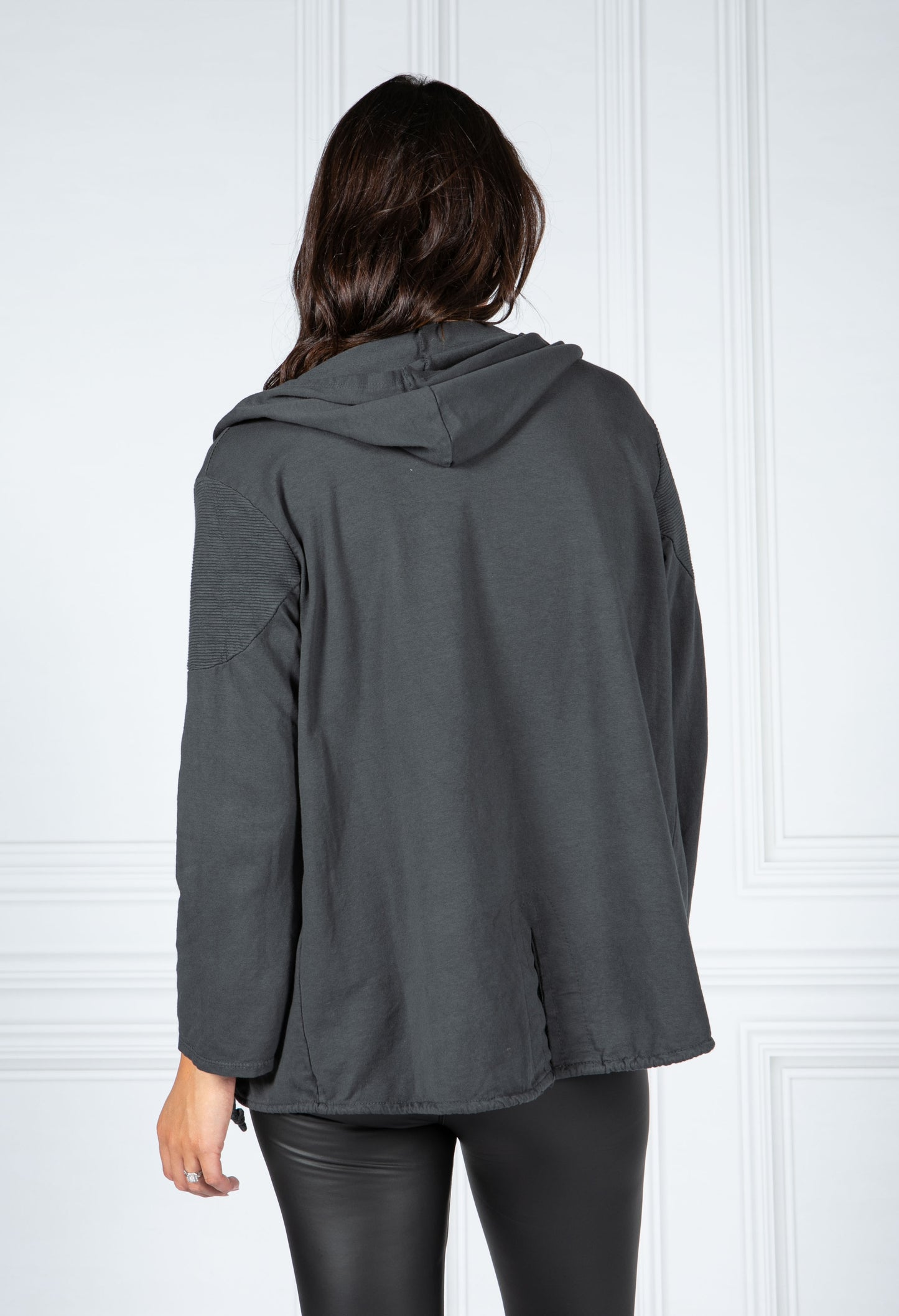 PAMELA SCOTT OPEN HOODED CARDIGAN IN DARK GREY