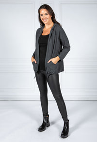 PAMELA SCOTT OPEN HOODED CARDIGAN IN DARK GREY