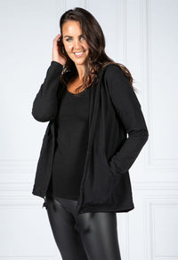 PAMELA SCOTT OPEN HOODED CARDIGAN IN BLACK