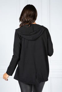 PAMELA SCOTT OPEN HOODED CARDIGAN IN BLACK