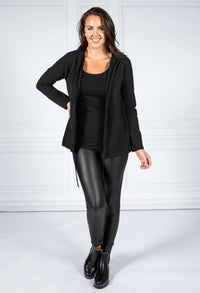 PAMELA SCOTT OPEN HOODED CARDIGAN IN BLACK