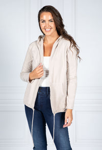 PAMELA SCOTT OPEN HOODED CARDIGAN IN BEIGE