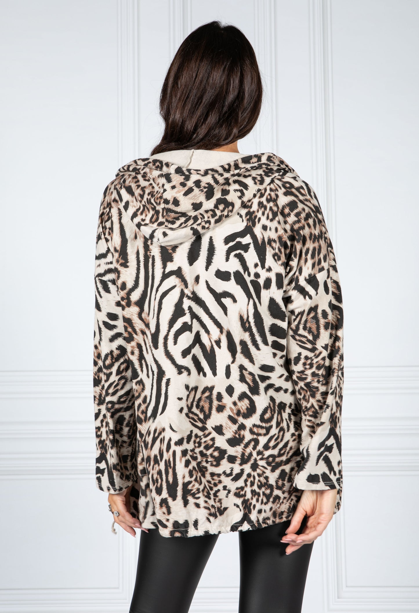 PAMELA SCOTT LEOPARD PRINT ZIP UP HOODIE