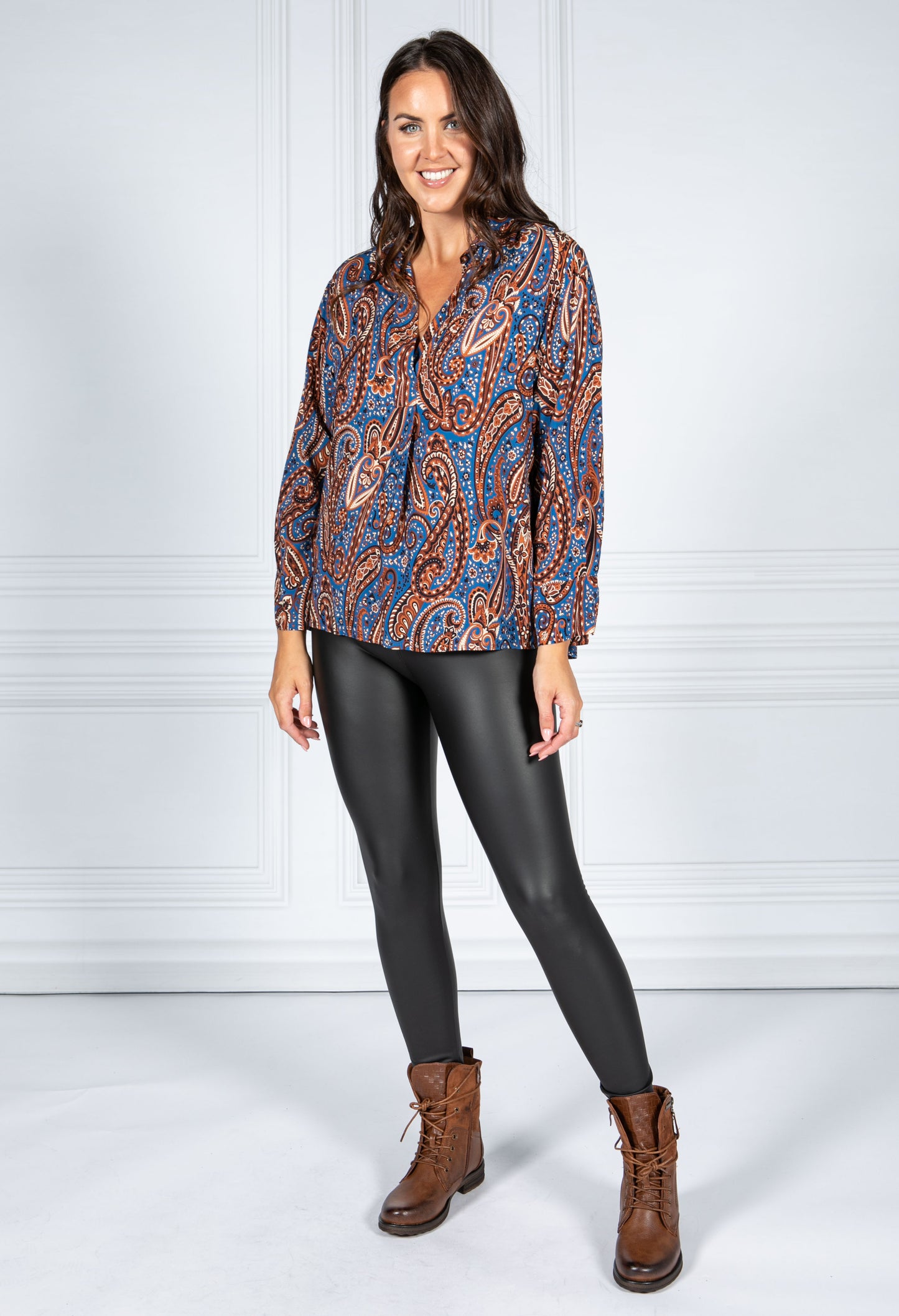 PAMELA SCOTT PAISLEY PRINT BLOUSE IN NAVY