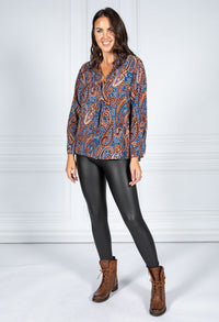 PAMELA SCOTT PAISLEY PRINT BLOUSE IN NAVY