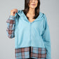 ZIP UP HOODIE WITH RED TARTEN UNDERLAY IN BLUE