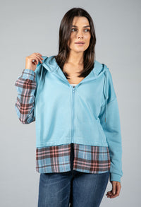 ZIP UP HOODIE WITH RED TARTEN UNDERLAY IN BLUE