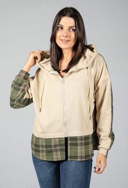 ZIP UP HOODIE WITH GREEN TARTEN UNDERLAY IN BEIGE