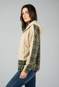 ZIP UP HOODIE WITH GREEN TARTEN UNDERLAY IN BEIGE