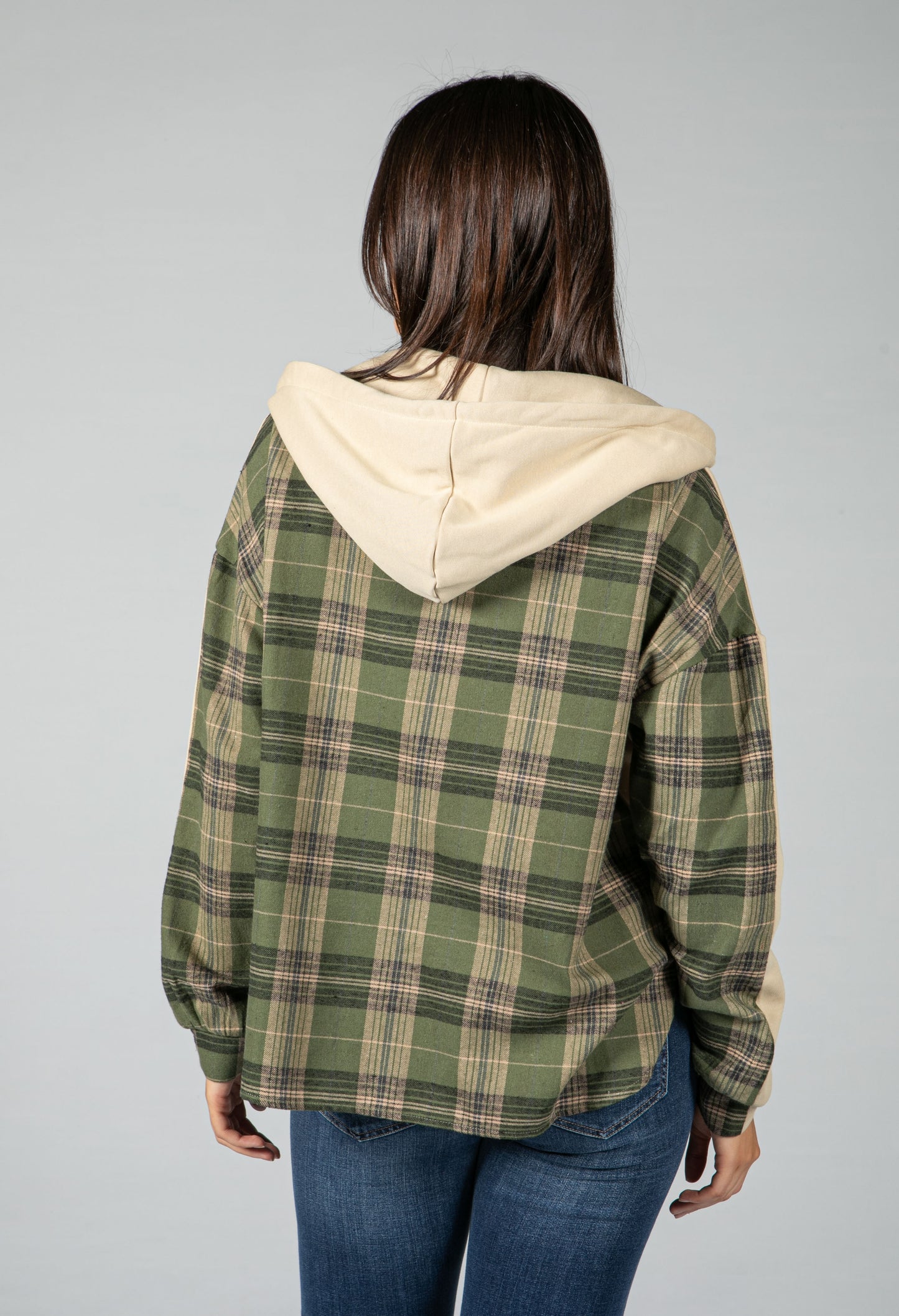 ZIP UP HOODIE WITH GREEN TARTEN UNDERLAY IN BEIGE