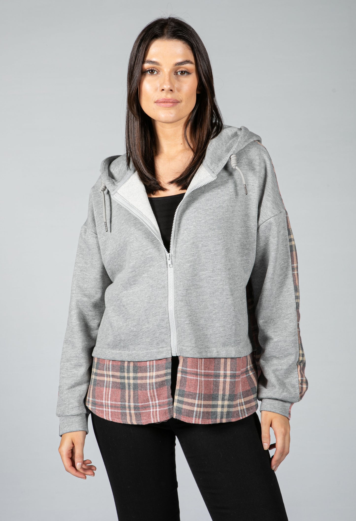 ZIP UP HOODIE WITH TARTEN UNDERLAY IN GREY