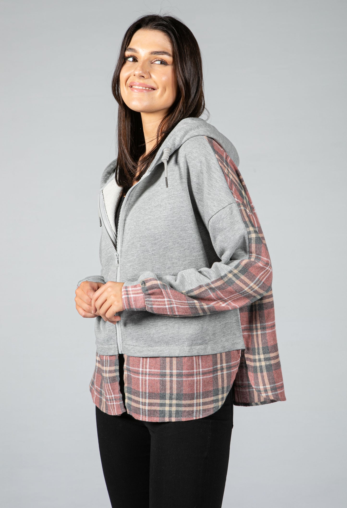 ZIP UP HOODIE WITH TARTEN UNDERLAY IN GREY