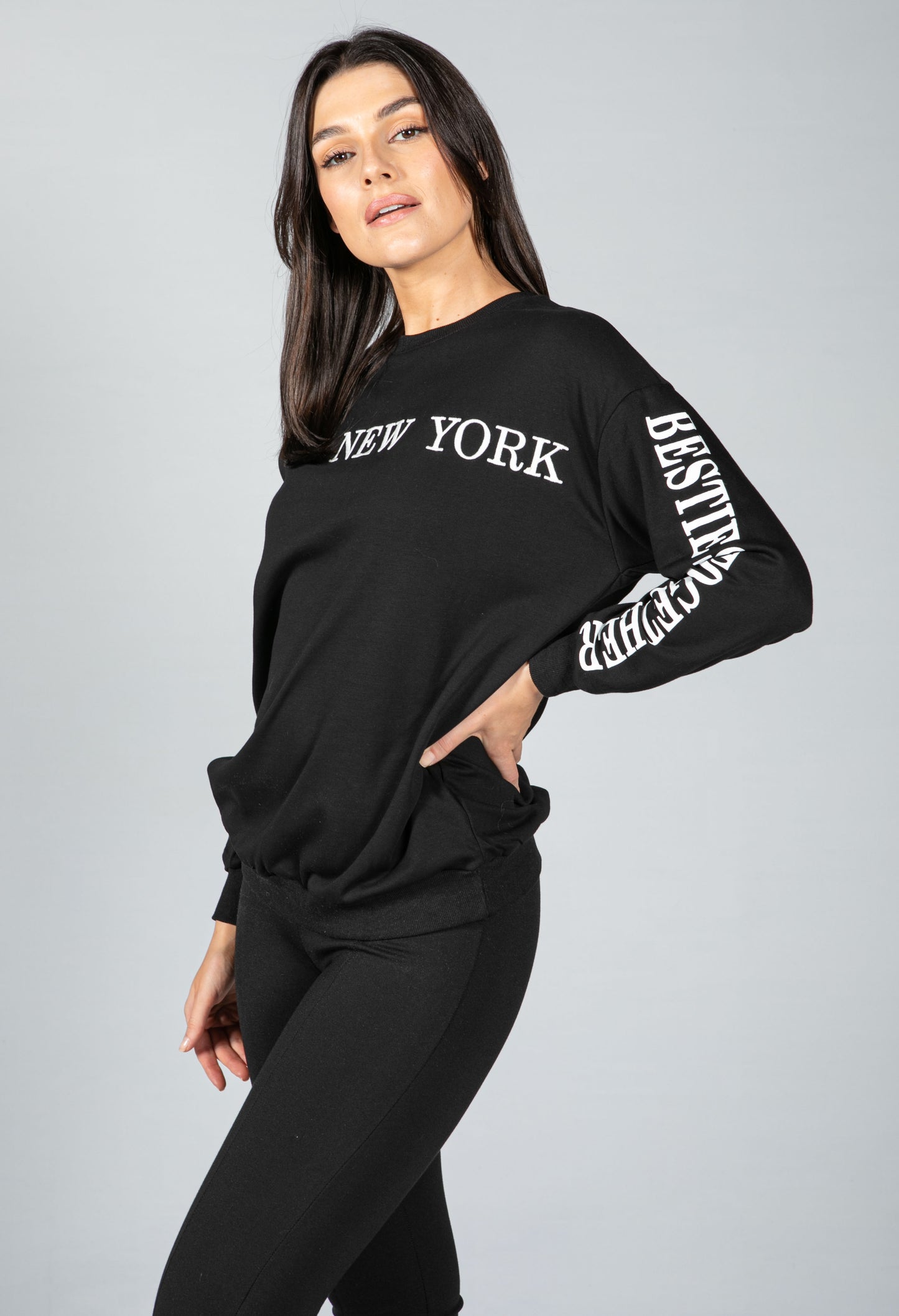 NEW YORK VARSITY CREW NECK JUMPER IN BLACK