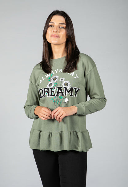 PAMELA SCOTT CREW NECK GRAPHIC JUMPER IN MOSS GREEN