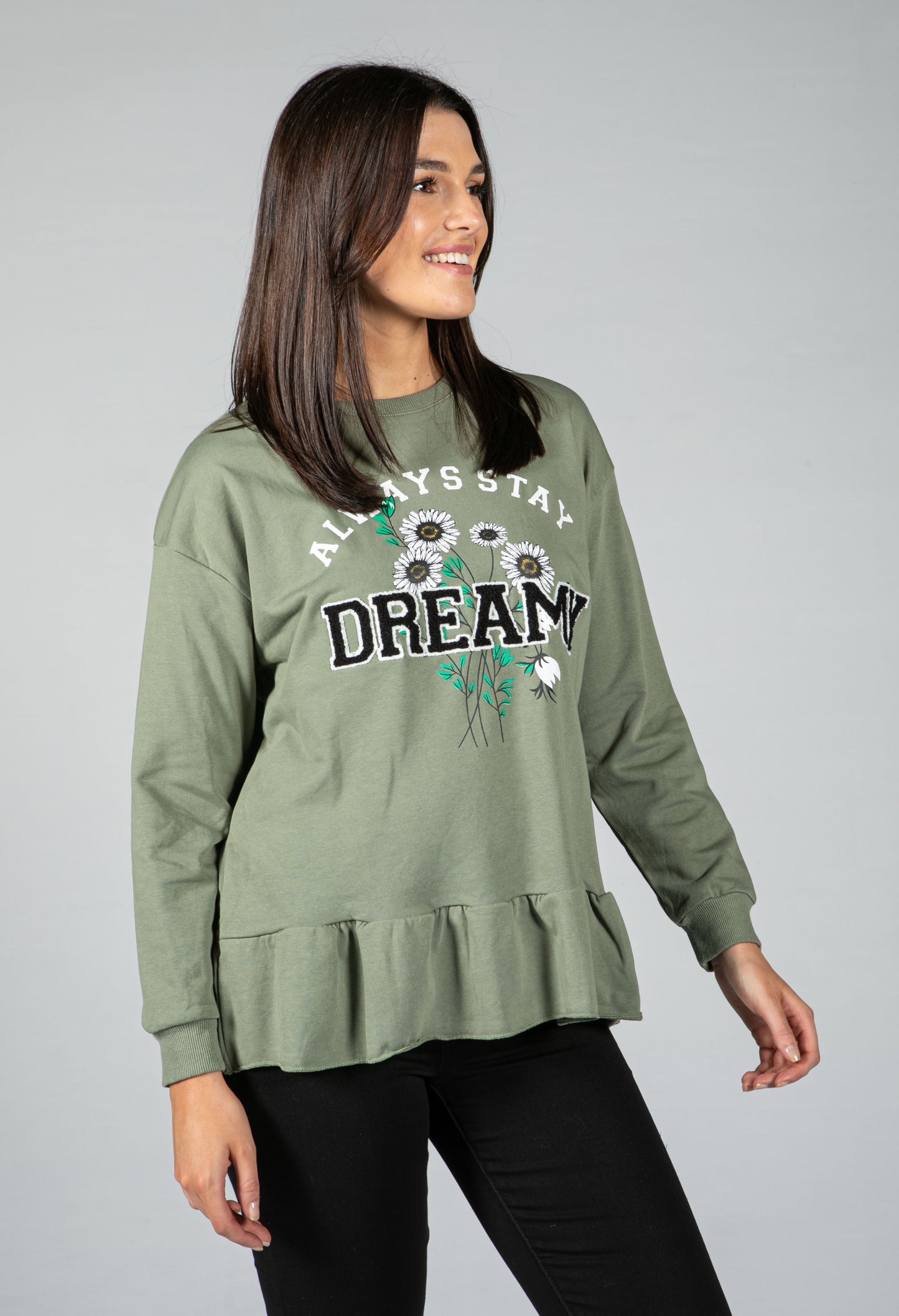 PAMELA SCOTT CREW NECK GRAPHIC JUMPER IN MOSS GREEN