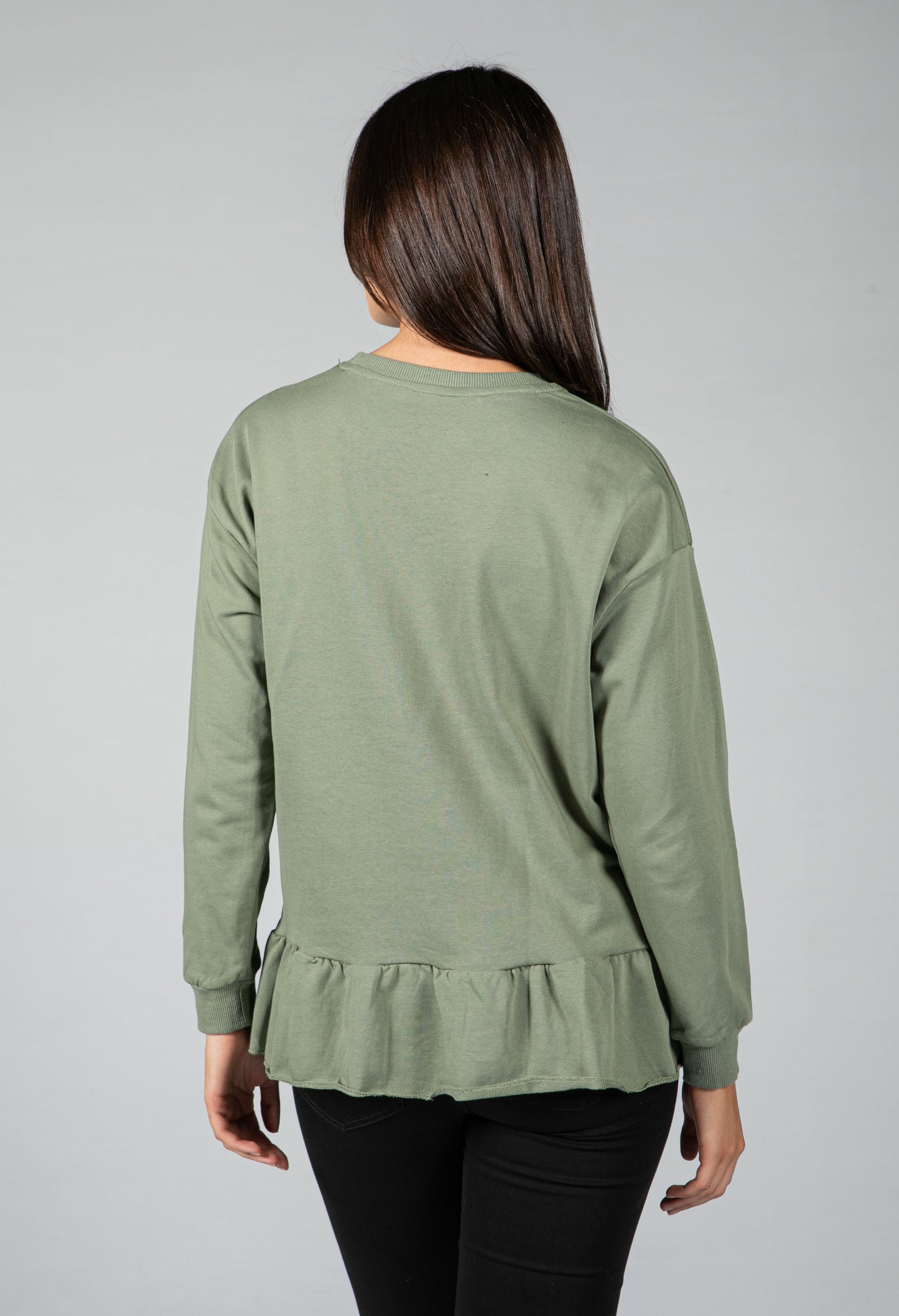 PAMELA SCOTT CREW NECK GRAPHIC JUMPER IN MOSS GREEN