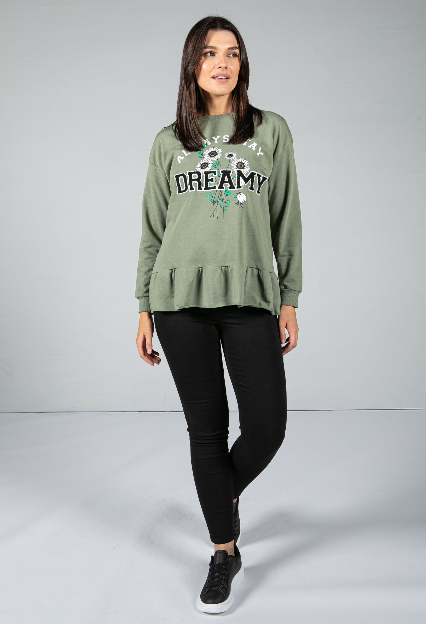 PAMELA SCOTT CREW NECK GRAPHIC JUMPER IN MOSS GREEN