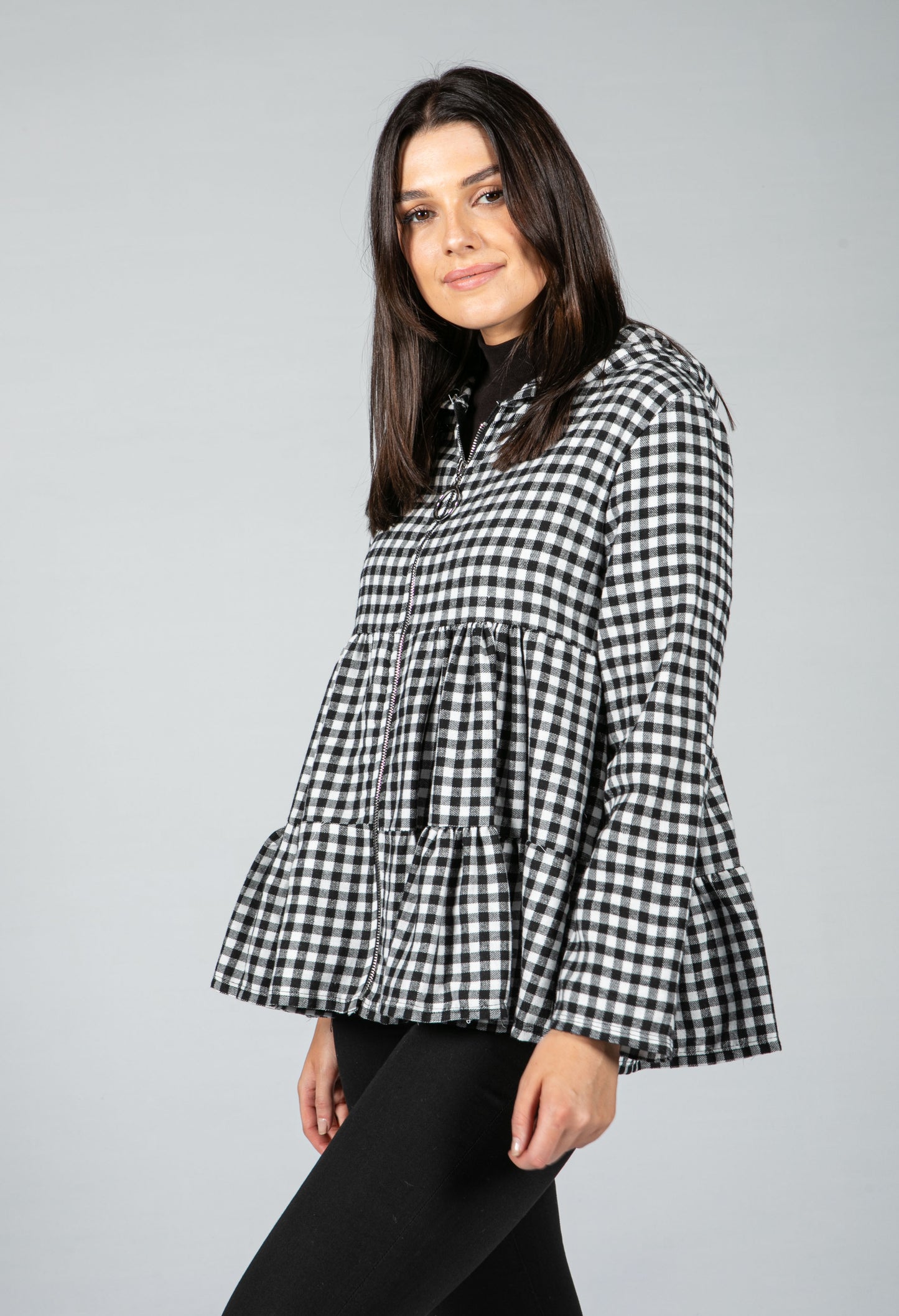 Gingham Tiered Zip Cardigan