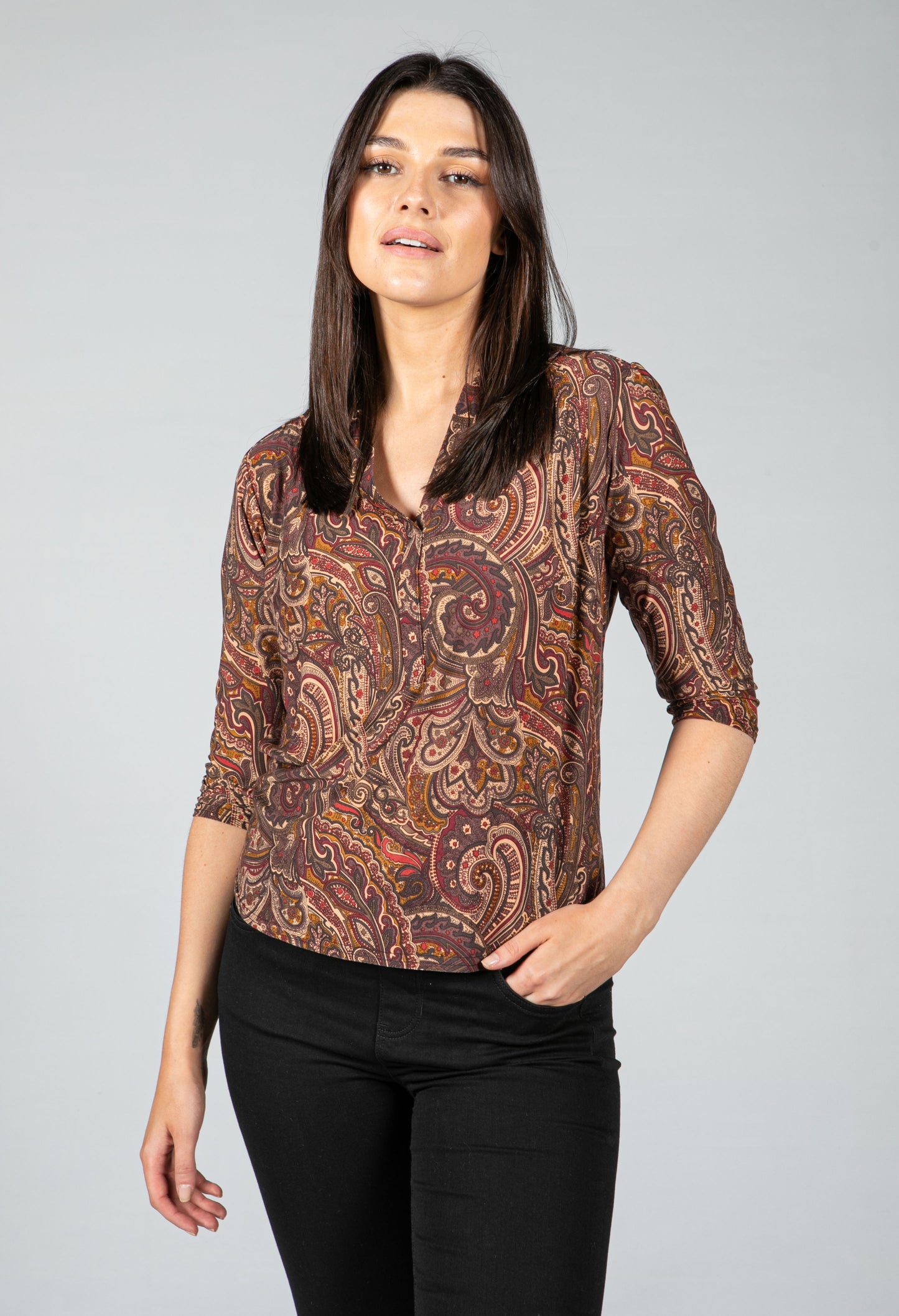 Paisley V neck blouse in Maroon