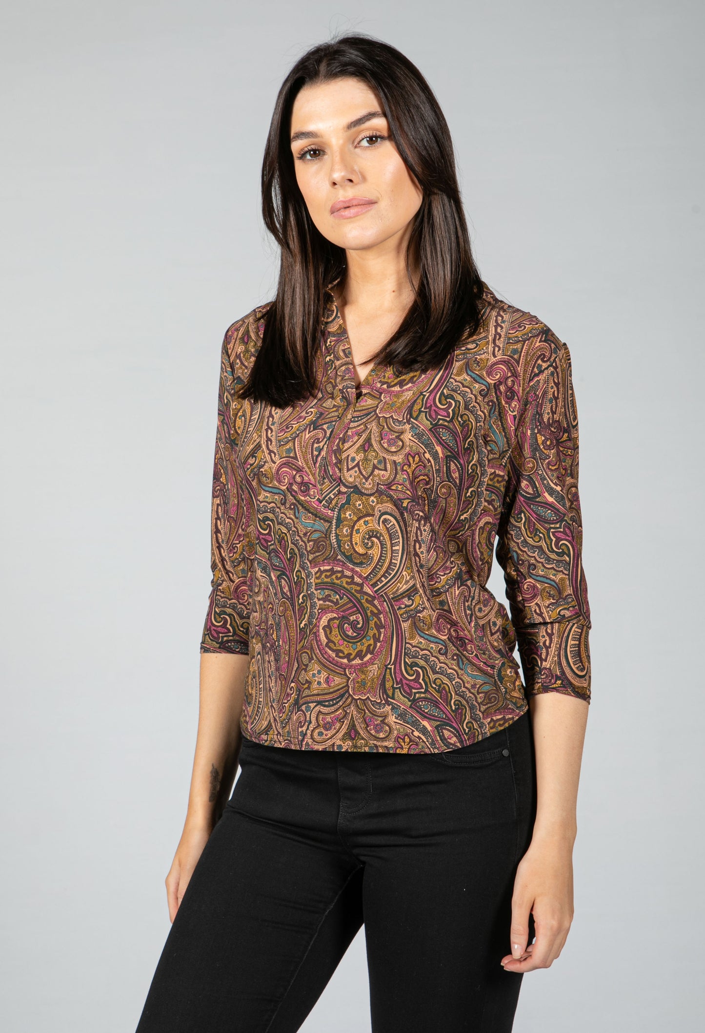 Paisley V neck blouse in Wine