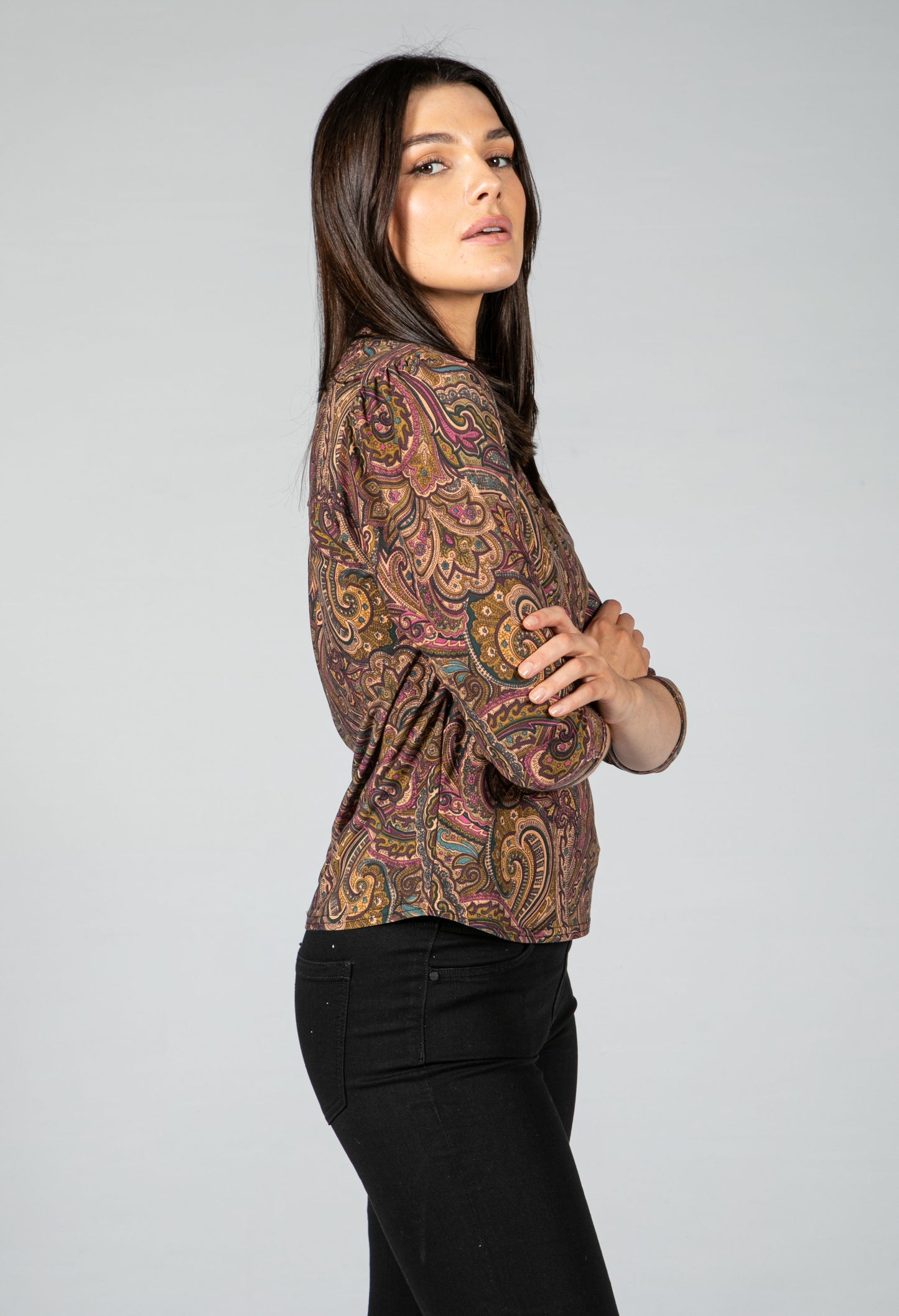 Paisley V neck blouse in Wine