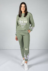 flame decal jogger set in green