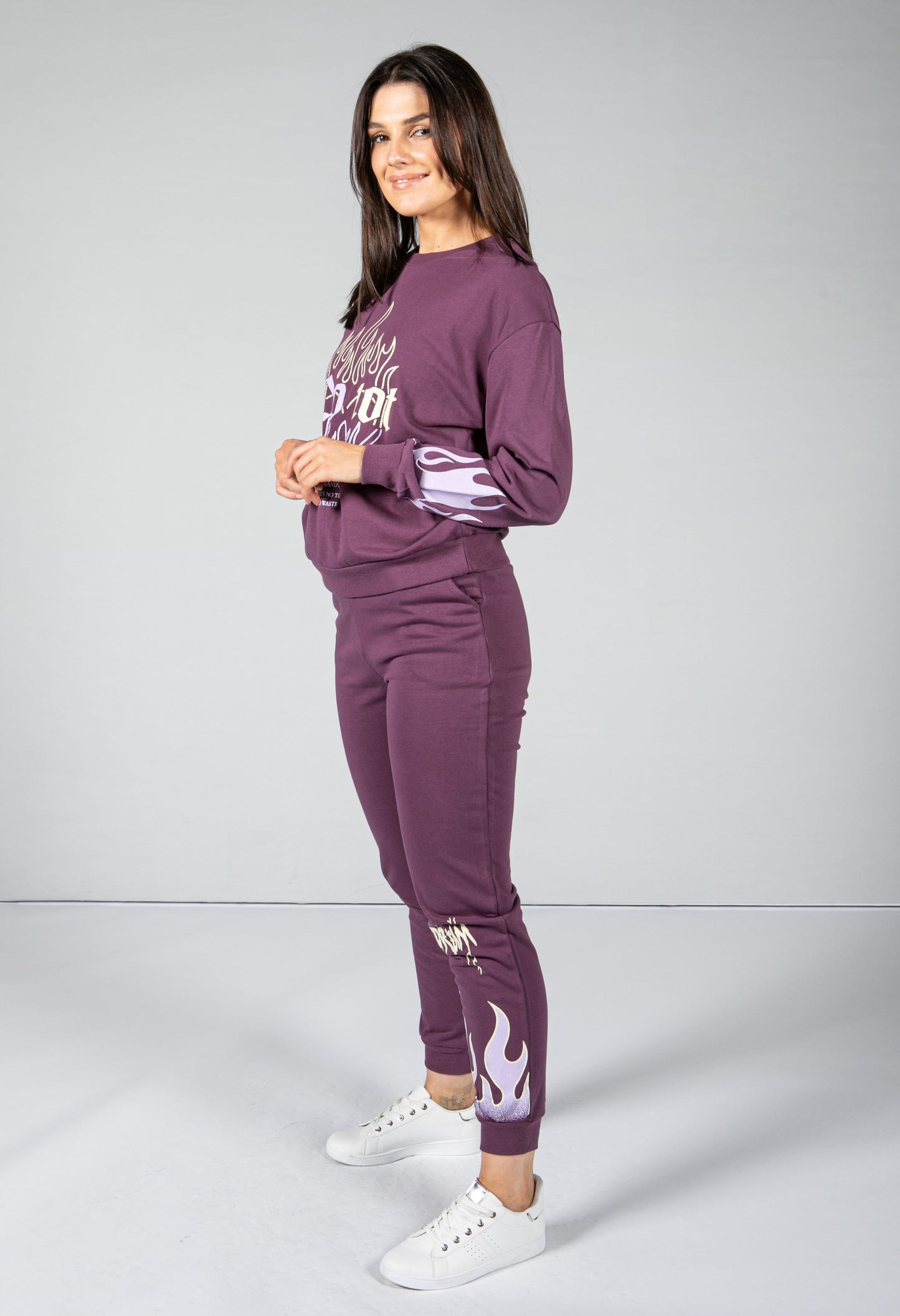 flame decal jogger set in purple