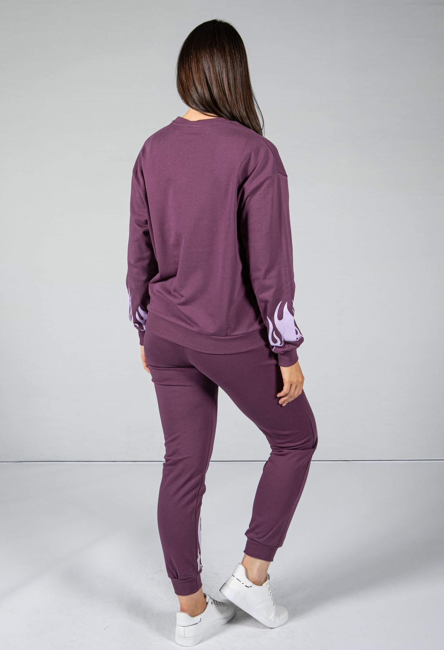 flame decal jogger set in purple