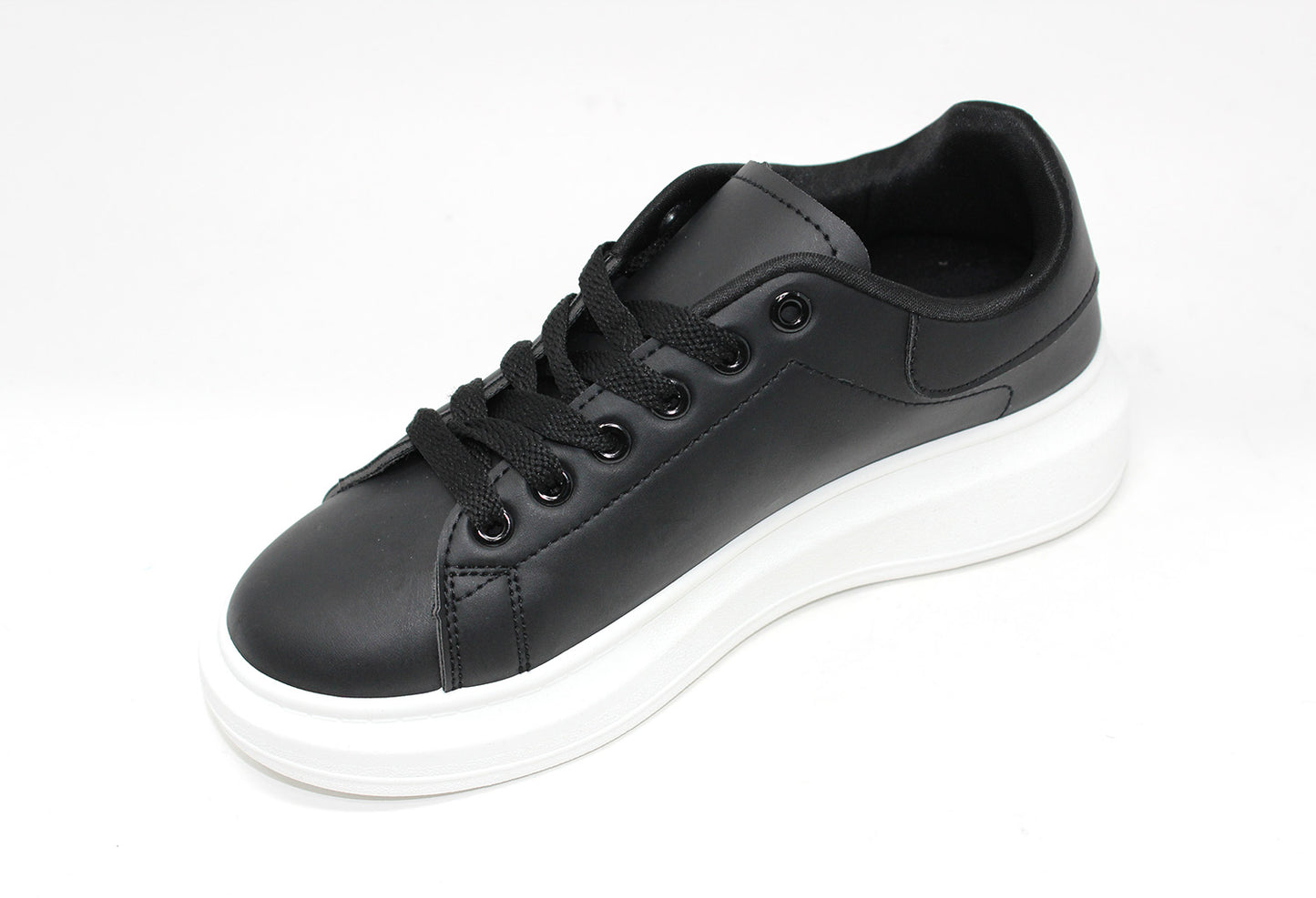 Lace Up Trainer in Black with White Sole