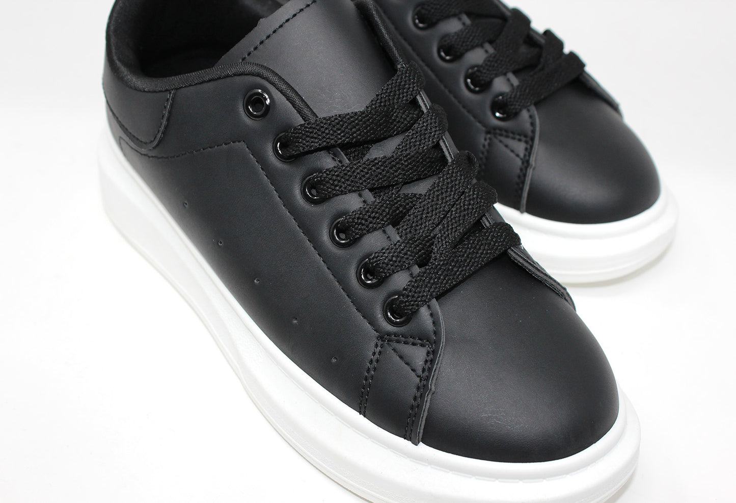 Lace Up Trainer in Black with White Sole