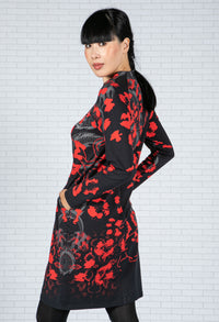 Long Sleeve Print Dress in Black & Red