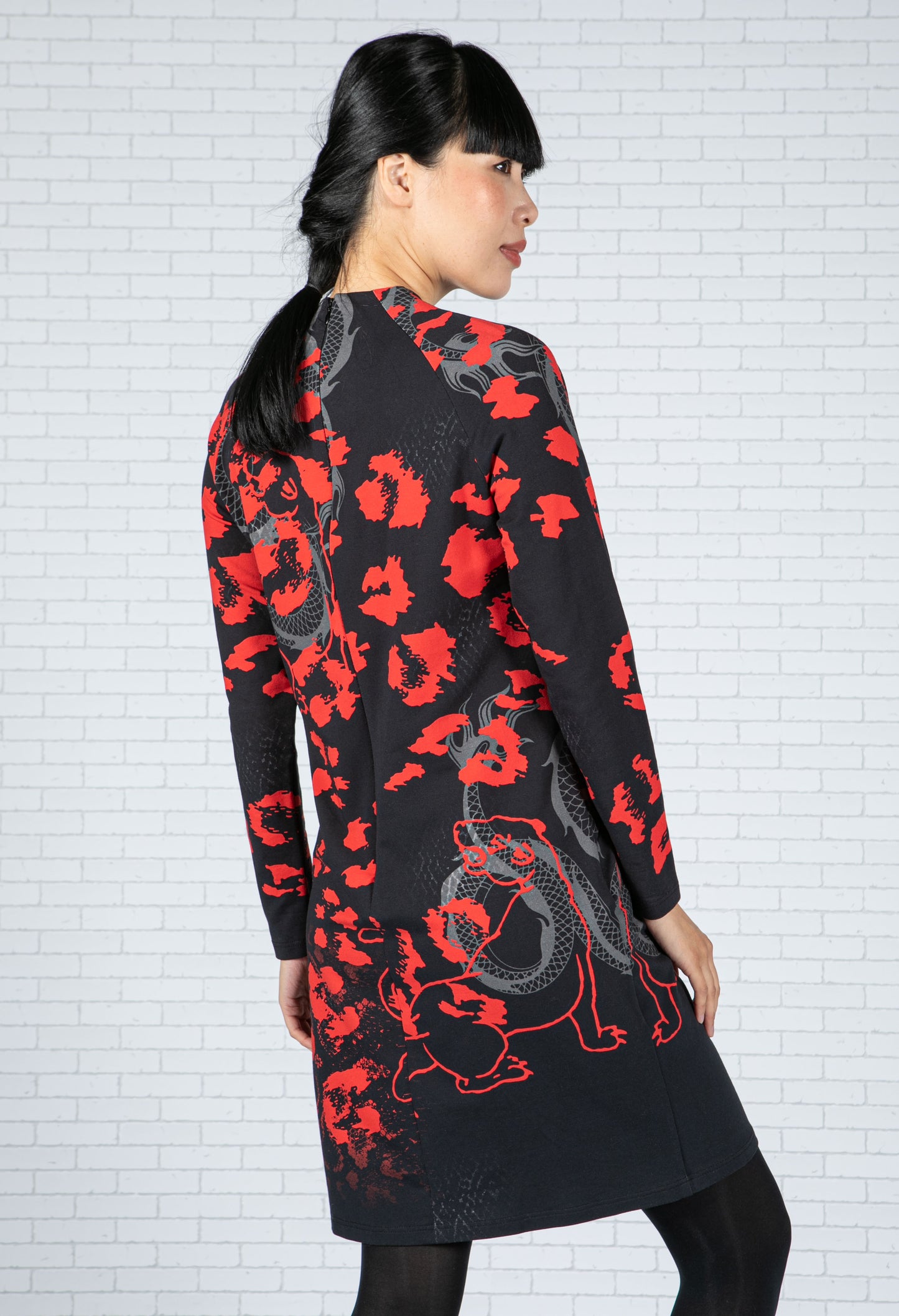 Long Sleeve Print Dress in Black & Red