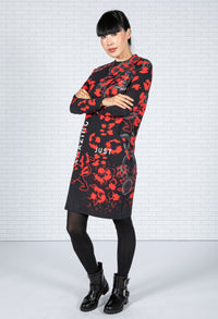 Long Sleeve Print Dress in Black & Red